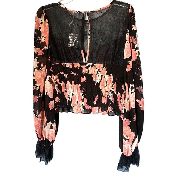 NWOT Free People Smocked Daphne Blouse- Midnight Combo- Size L - Picture 4 of 11